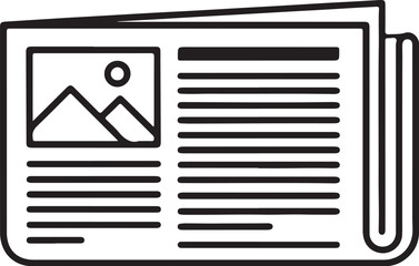 Black Outline Icon of a Folded Newspaper with Image and Text on White Background publication reading on transparent background