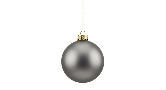 Elegant matte grey Christmas ornament with golden cap hangs suspended, perfect for festive holiday decor and winter celebrations