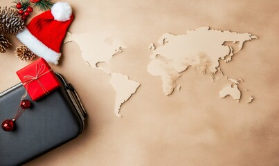 Santa hat, gift, suitcase, and holiday decorations on a world map representing winter travel