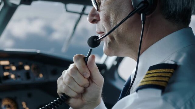 Airline pilot in uniform communicating via radio headset during a commercial flight inside the aircraft cockpit.