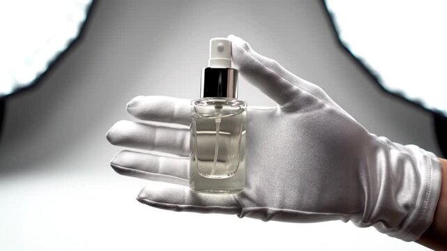 Elegant hand in a white glove holding a perfume bottle against a soft-lit background, showcasing luxury