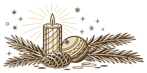 Elegant monochrome vector illustration of a burning candle, pine cone, and Christmas ornament on fir tree branches with decorative stars.
