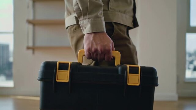 Carpenter carrying toolbox and arriving at a house ready for maintenance or fix work.