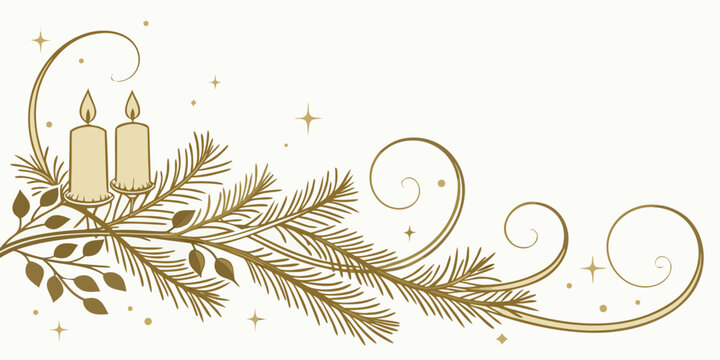 Elegant monochrome Christmas border with two lit candles, spruce branch, and decorative scrolls.