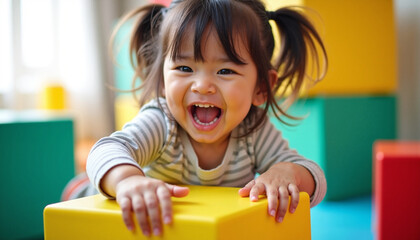 Joyful toddler girl playing with colorful cubes, smiling happily and laughing in playroom. Toddler girl enjoys playing time, showing vibrant emotions and playful spirit.