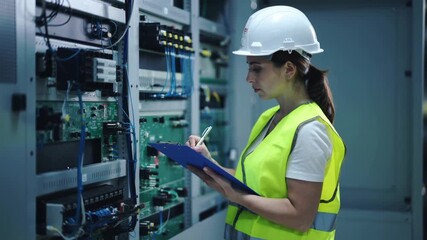 Female technician inspecting industrial server room equipment while taking notes on clipboard wearing safety gear. - Powered by Adobe