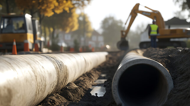 Ongoing construction work featuring large pipes, an excavator, and safety cones, indicating infrastructure development and safety measures in a residential area.