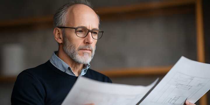 Focused senior man with gray hair and beard, wearing glasses, carefully studies architectural plans. His expertise and experience are evident in his serious demeanor.
