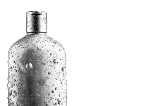 Close-up of a metallic silver bottle covered in numerous refreshing water droplets against a solid transparent background, suggesting coolness and hydration. background removed