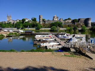 Marina on the Maine river, castle and cathedral Saint Maurice at Angers, is a commune in the Maine-et-Loire department, Pays de la Loire region, in western France