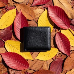 Men's classic black pebbled leather wallet in a product flat lay on a vibrant bed of colorful autumn leaves. Top-down view for seasonal fashion, luxury accessory concepts, or fall sales promotion.