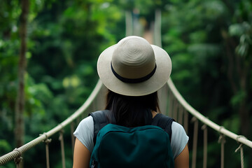 A woman with a hat and backpack walks across a suspended bridge amidst lush greenery, enjoying the tranquil nature scenery and a peaceful journey. Embracing adventure.