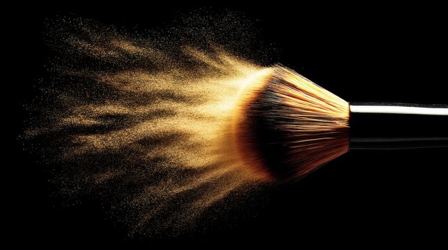 Close-Up of Makeup Brush Creating Dust Cloud of Golden Cosmetic Powder Against Black Background for Beauty and Cosmetics Stock Photography
