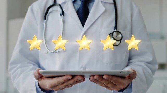 Doctor holding digital tablet with five stars icons appearing on the screen in a rating concept representing quality healthcare service evaluation.