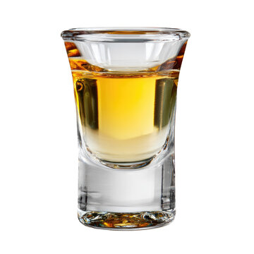 A clear shot glass filled with a golden amber liquid, possibly whiskey or tequila, against a solid transparent background. background removed