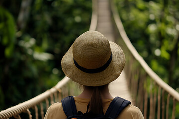 A woman wearing a straw hat and a backpack walks across a suspension bridge, surrounded by lush green foliage. The bridge stretches into the distance inviting adventure.