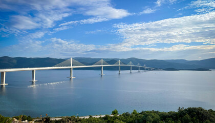Panoramic view of the Peljesac Bridge spanning the Adriatic Sea channel in southern Croatia. Modern...