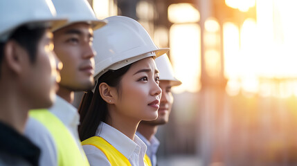 A diverse team of engineers, unified in purpose, wearing safety gear, and bathed in the warm glow of the setting sun, embodying strength, progress, and innovation.
