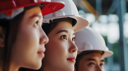 Team of engineers in protective gear at construction site. Their hard hats signify safety, commitment, and teamwork. They embody excellence in building.
