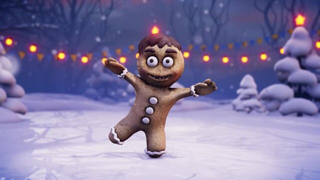 Funny gingerbread man dancing on a festive Christmas background. Snow-covered landscape with decorated Christmas trees. Animated video for holiday cards, festive events, and New Year's parties.