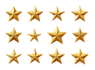 Twelve golden stars arranged in a grid pattern on a black background. Each star has a slightly raised, three-dimensional appearance