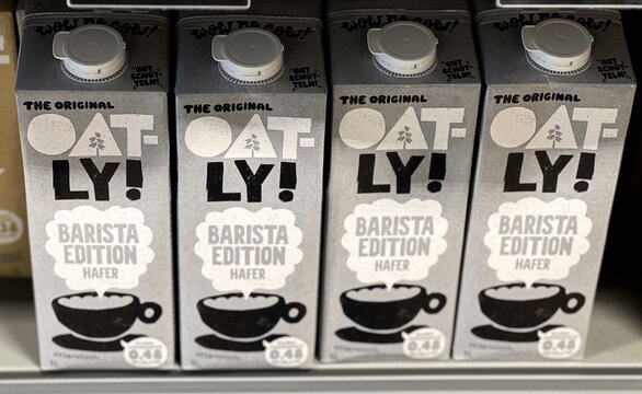 10.28.2025 - Flensburg, Germany. Oatly barista plant-based milk on a shelf of a supermarket