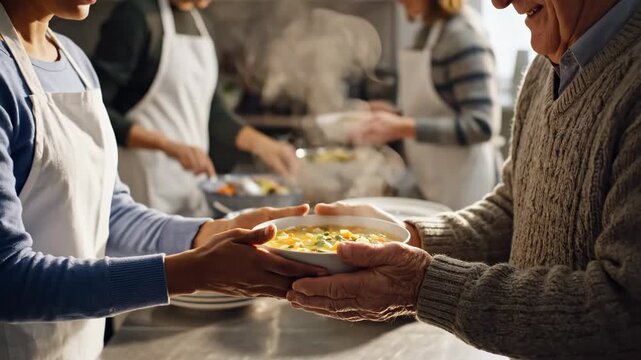 Volunteers serving meals at a community center with joyful interaction and teamwork