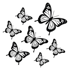 Butterflies silhouette design black set isolated on white background. Set of butterfly in flight silhouettes. Set of butterflies. Butterfly silhouette icons set.