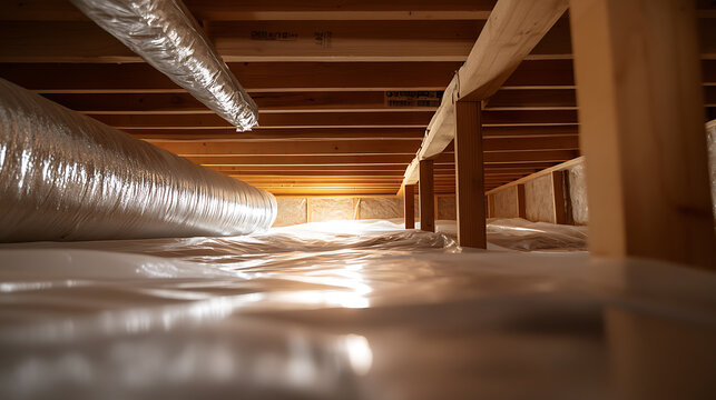 Crawl space view showing support beams, a vapor barrier, and insulated ductwork. A clean and dry crawl space helps ensure a healthy and efficient home environment.