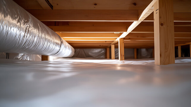 An insulated crawl space with wooden beams. Vapor barrier installation, waterproofing, encapsulation system, professional insulation project. Home infrastructure.