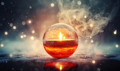 Candle glowing inside a magical glass sphere, surrounded by falling snow and smoke