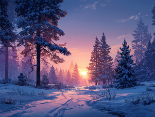 winter sunset in the forest