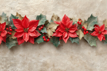 Christmas card template with poinsettia and holly on beige paper