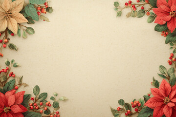 Christmas card template with poinsettia and holly on beige paper