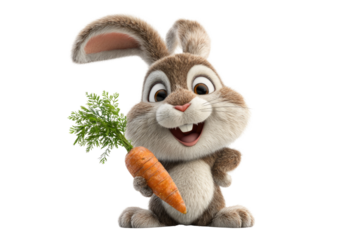 A cheerful, fluffy cartoon bunny with big eyes and a wide smile, holding a fresh orange carrot, ready for Easter. background removed