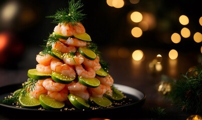 Festive shrimp and lime arranged in a christmas tree shape with dill and sesame seeds