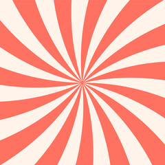 Red and beige swirl groovy starburst background. Retro twisted rays pattern with vintage psychedelic vibe. Abstract dynamic spiral design for posters, banners, wallpapers. Vector illustration.