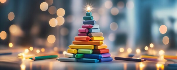 Stacked colorful drawing crayons shaping creative christmas tree on blurred bokeh background