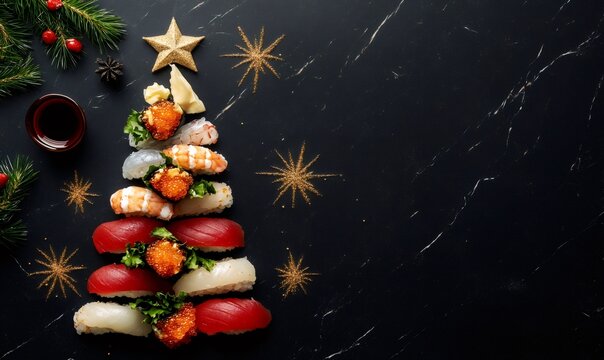 Sushi pieces arranged as a christmas tree with holiday decorations on a black marble surface - Powered by Adobe
