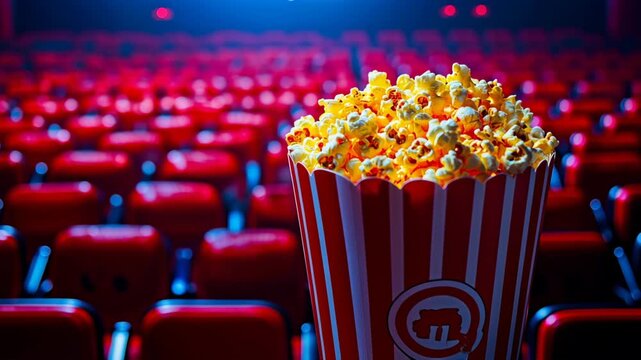 A bucket overflowing with popcorn sits in an empty movie theater. Red seats fill the rows. The lights are dimmed, creating anticipation for the film