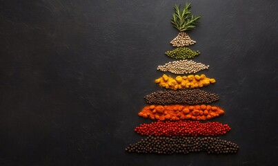 Various spices and herbs forming a festive christmas tree on a dark background