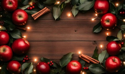 Red apples along with green leaves, cinnamon sticks, and string lights on a wooden surface