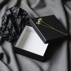 Elegant still life of an open, empty black gift box with crumpled paper and a delicate dried flower. Luxury packaging and unboxing mockup for a special occasion on a soft grey fabric background.