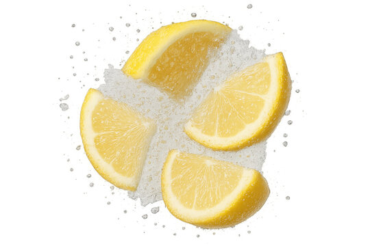 Lemon slices splashing in fizzy water creating a refreshing citrus drink, ideal for health and detox concepts