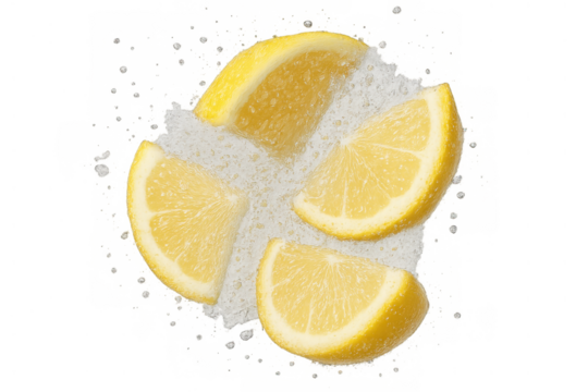 Lemon slices splashing in fizzy water creating a refreshing citrus drink, ideal for health and detox concepts