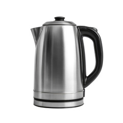 Obraz premium A sleek, brushed stainless steel electric kettle with a black handle and lid, perfect for quickly boiling water, isolated on a transparent background. background removed
