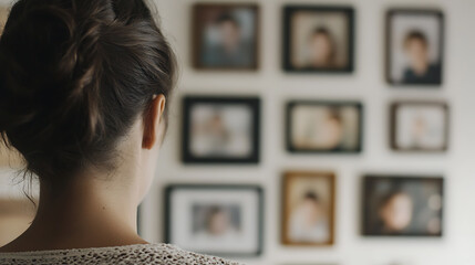 A woman gazes at a wall adorned with family photos, evoking memories and nostalgia. The collection captures moments of loved ones, preserved in time, creating a warm and personal space.