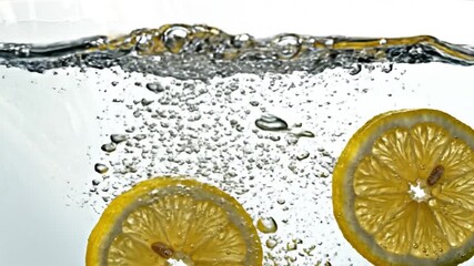 Fresh lemon slices splash into clear water, creating bubbles and ripples, showcasing freshness in a kitchen setting - Powered by Adobe