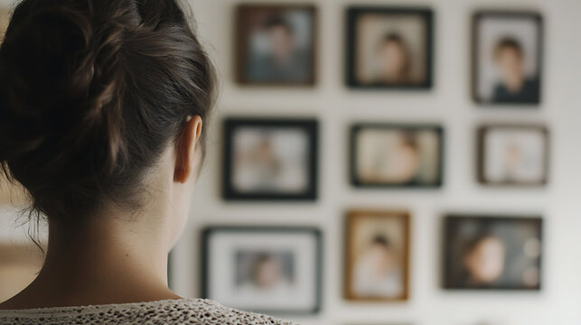 A woman gazes at a wall adorned with family photos, evoking memories and nostalgia. The collection captures moments of loved ones, preserved in time, creating a warm and personal space.