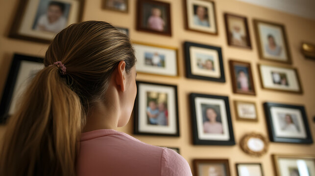 Woman gazing at a wall adorned with framed photos, creating a gallery of memories. Each frame holds a story, a moment captured, a piece of life's rich tapestry.